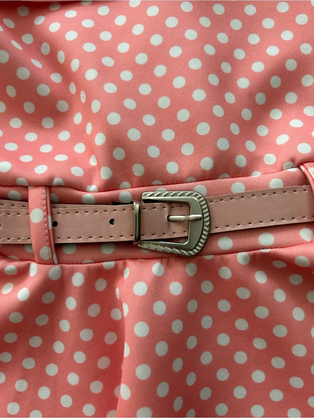 Sun Kids Coral Pink Polka Dot Fit & Flare Dress with Belt. Size 10